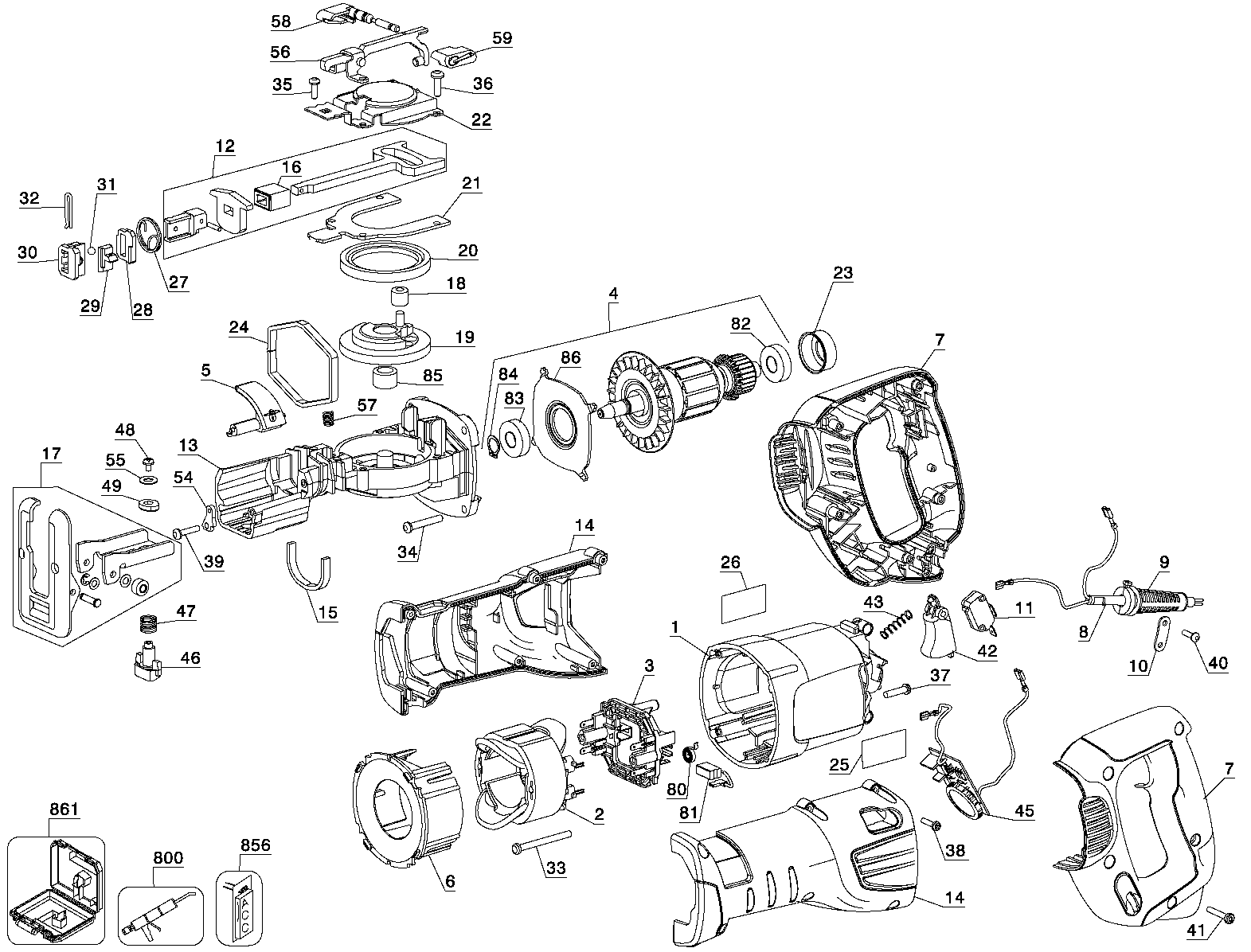 Default Diagram and Parts List for PC850RSOK Type 1 Porter Cable Reciprocating Saw